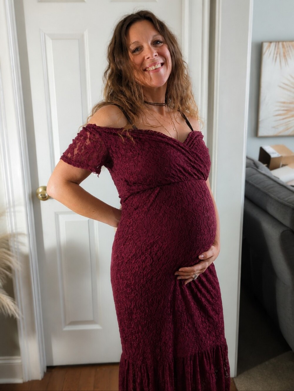 Maternity -Burgundy Lace low-Shoulder Maternity Gown